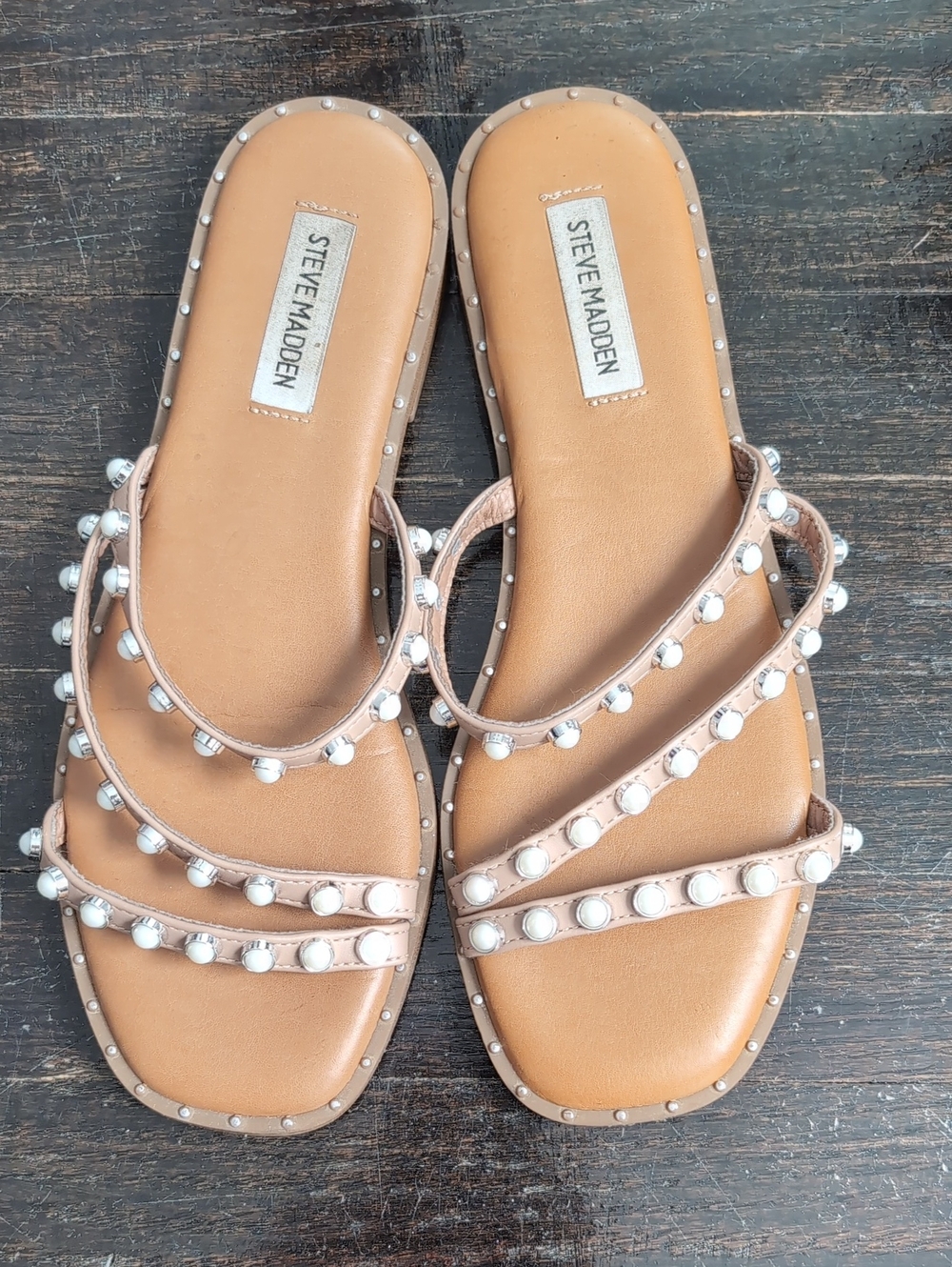 Steve Madden Nude/Tan Pearl-Stud Slide Sandals
